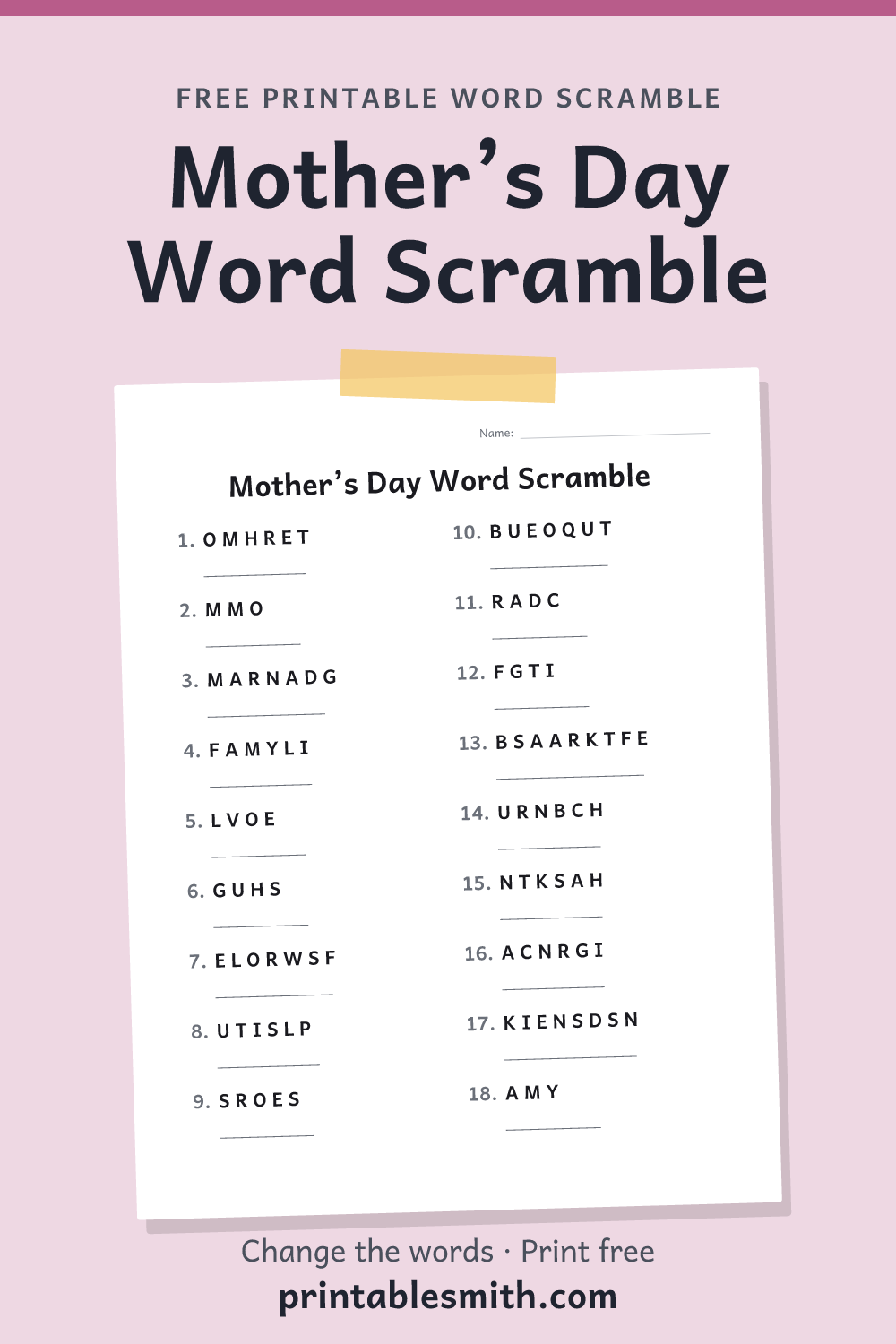 Mother’s Day Word Scramble: printable worksheet with 18 scrambled words to solve, from a free word scramble maker