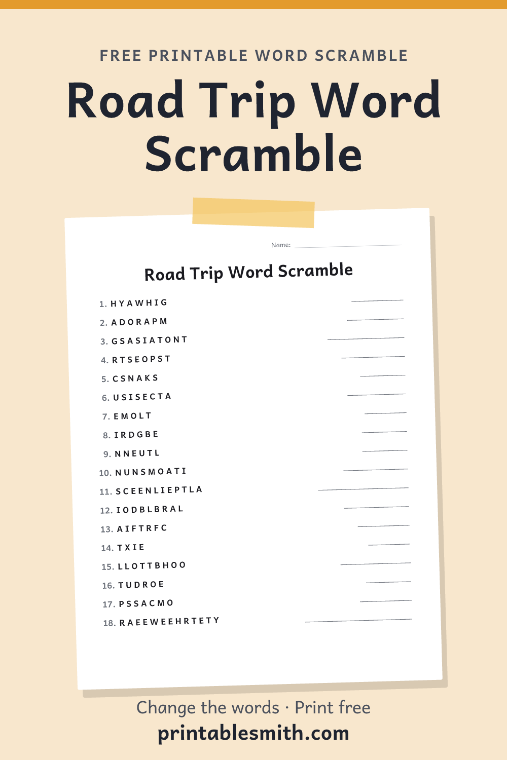 Road Trip Word Scramble: printable worksheet with 18 scrambled words to solve, from a free word scramble maker