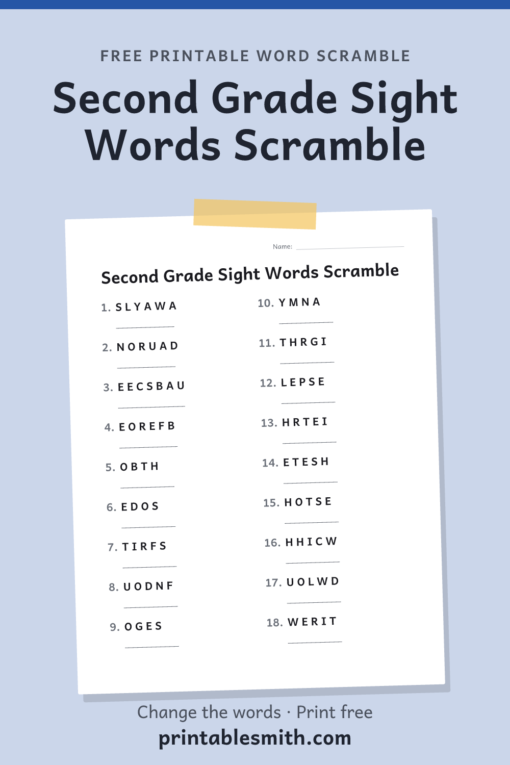 Second Grade Sight Words Scramble: printable worksheet with 18 scrambled words to solve, from a free word scramble maker