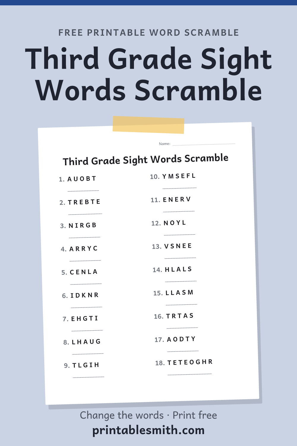 Third Grade Sight Words Scramble: printable worksheet with 18 scrambled words to solve, from a free word scramble maker