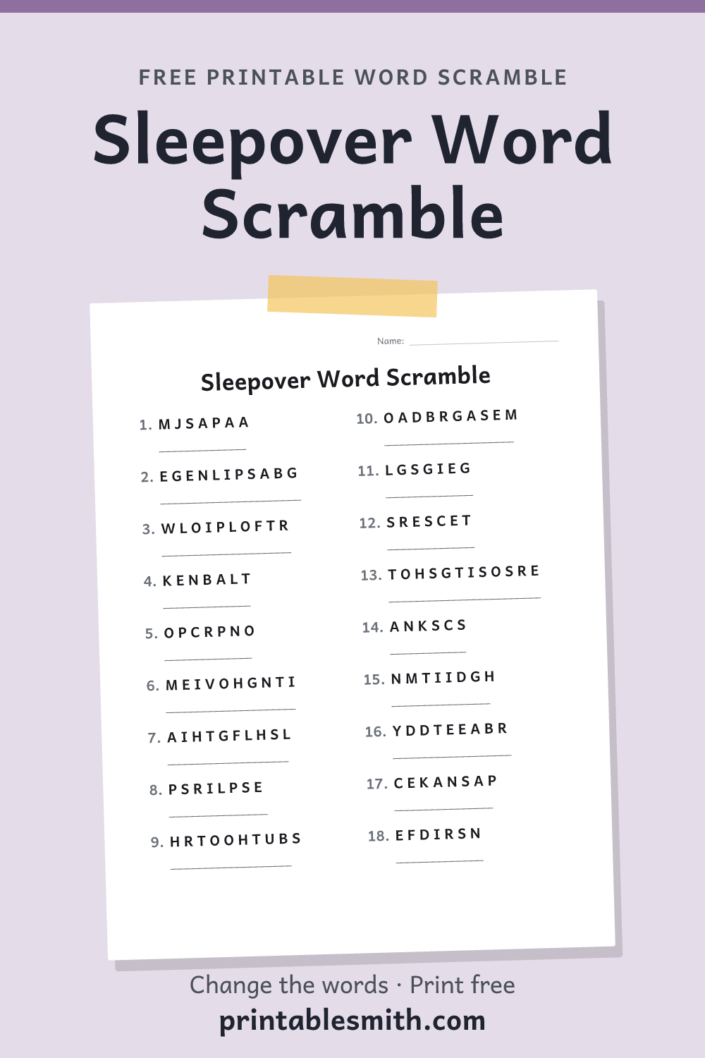 Sleepover Word Scramble: printable worksheet with 18 scrambled words to solve, from a free word scramble maker