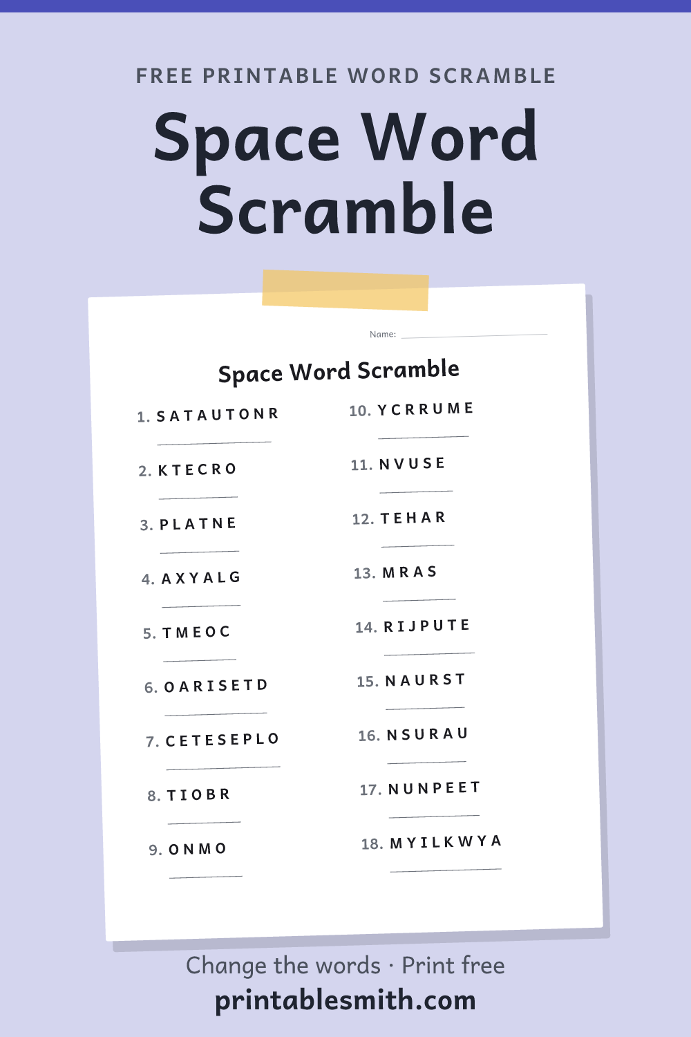 Space Word Scramble: printable worksheet with 18 scrambled words to solve, from a free word scramble maker