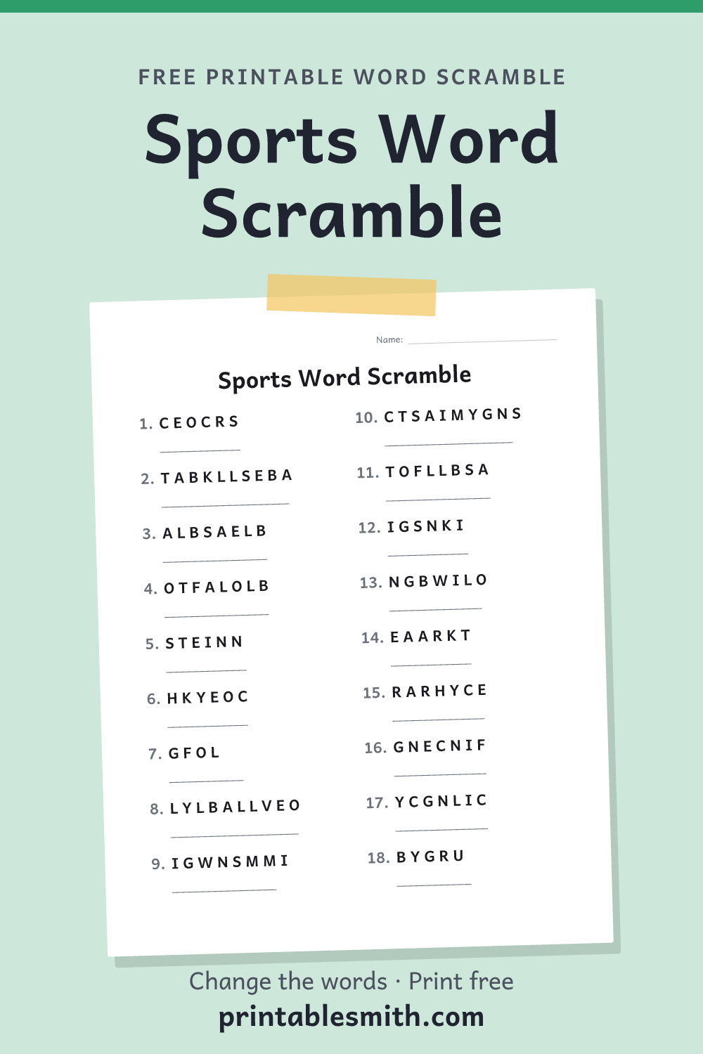 Sports Word Scramble: printable worksheet with 18 scrambled words to solve, from a free word scramble maker