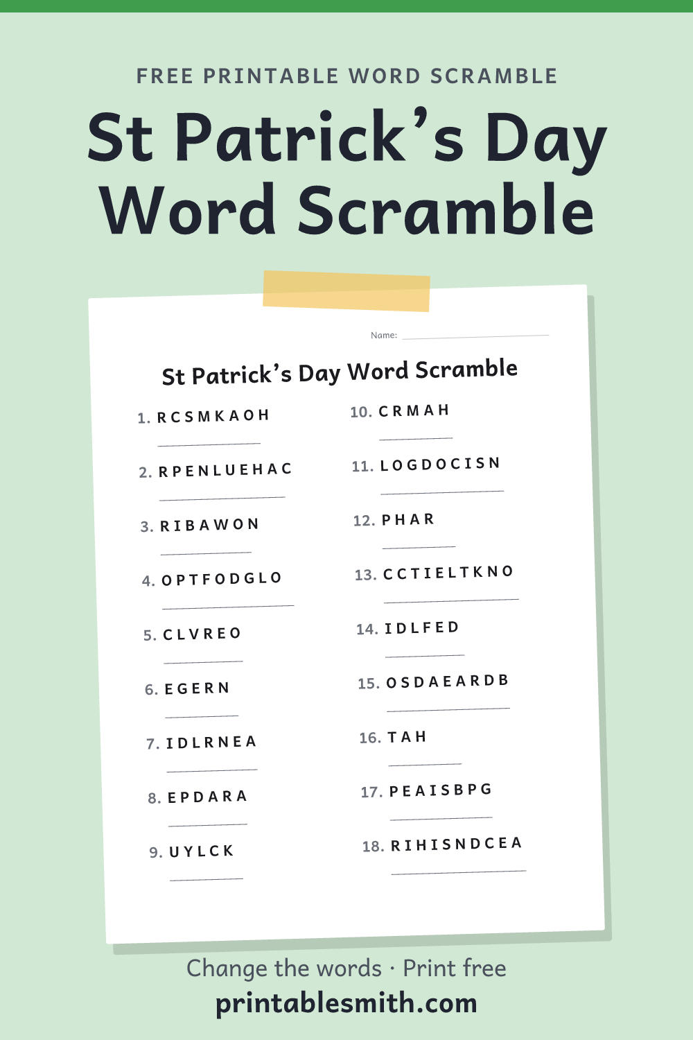 St Patrick’s Day Word Scramble: printable worksheet with 18 scrambled words to solve, from a free word scramble maker