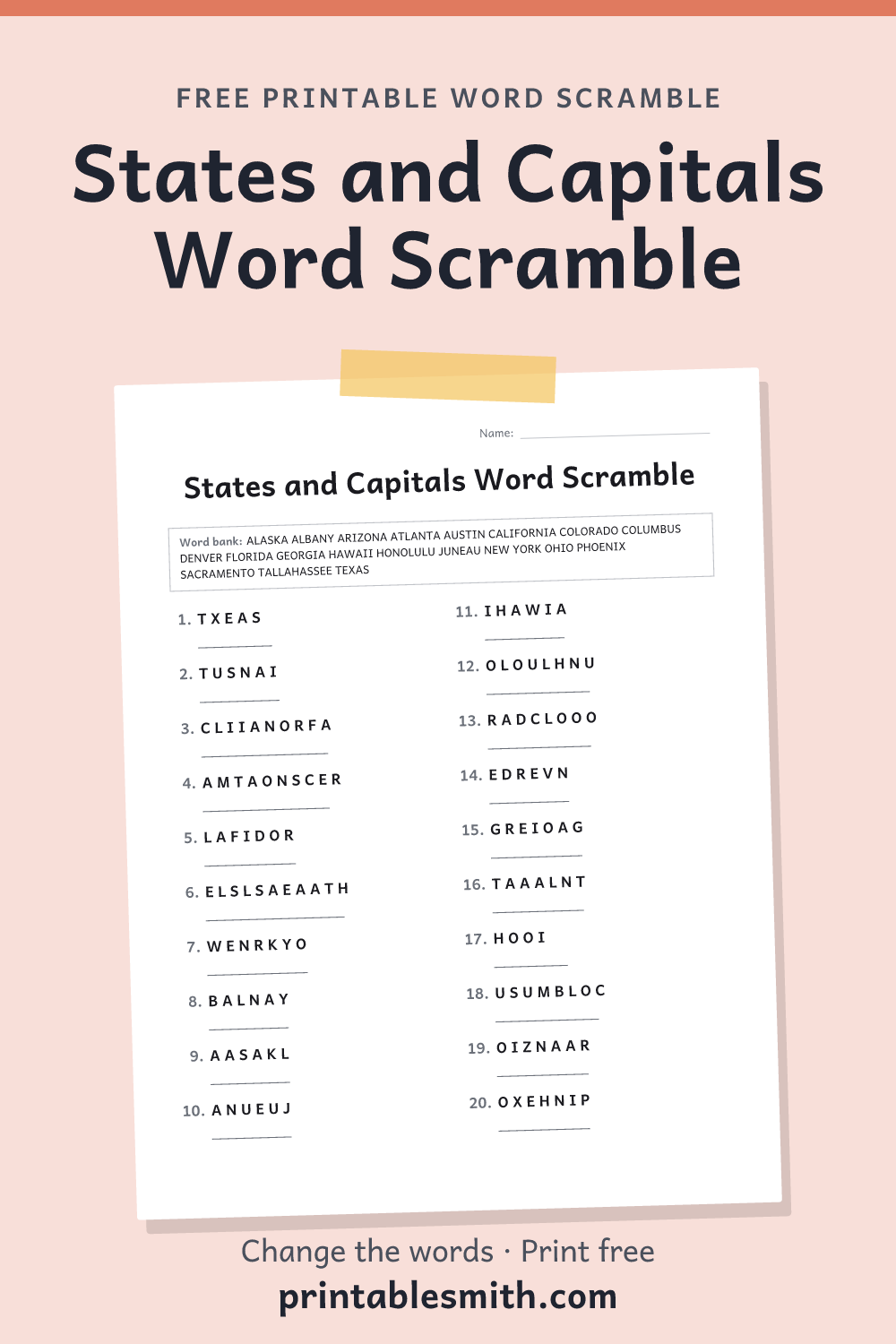 States and Capitals Word Scramble: printable worksheet with 20 scrambled words to solve, from a free word scramble maker