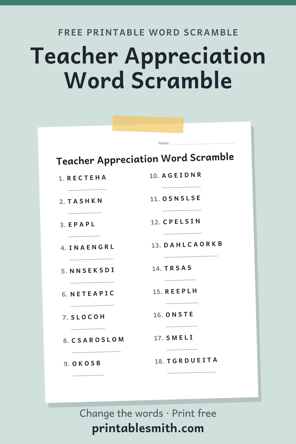 Teacher Appreciation Word Scramble: printable worksheet with 18 scrambled words to solve, from a free word scramble maker