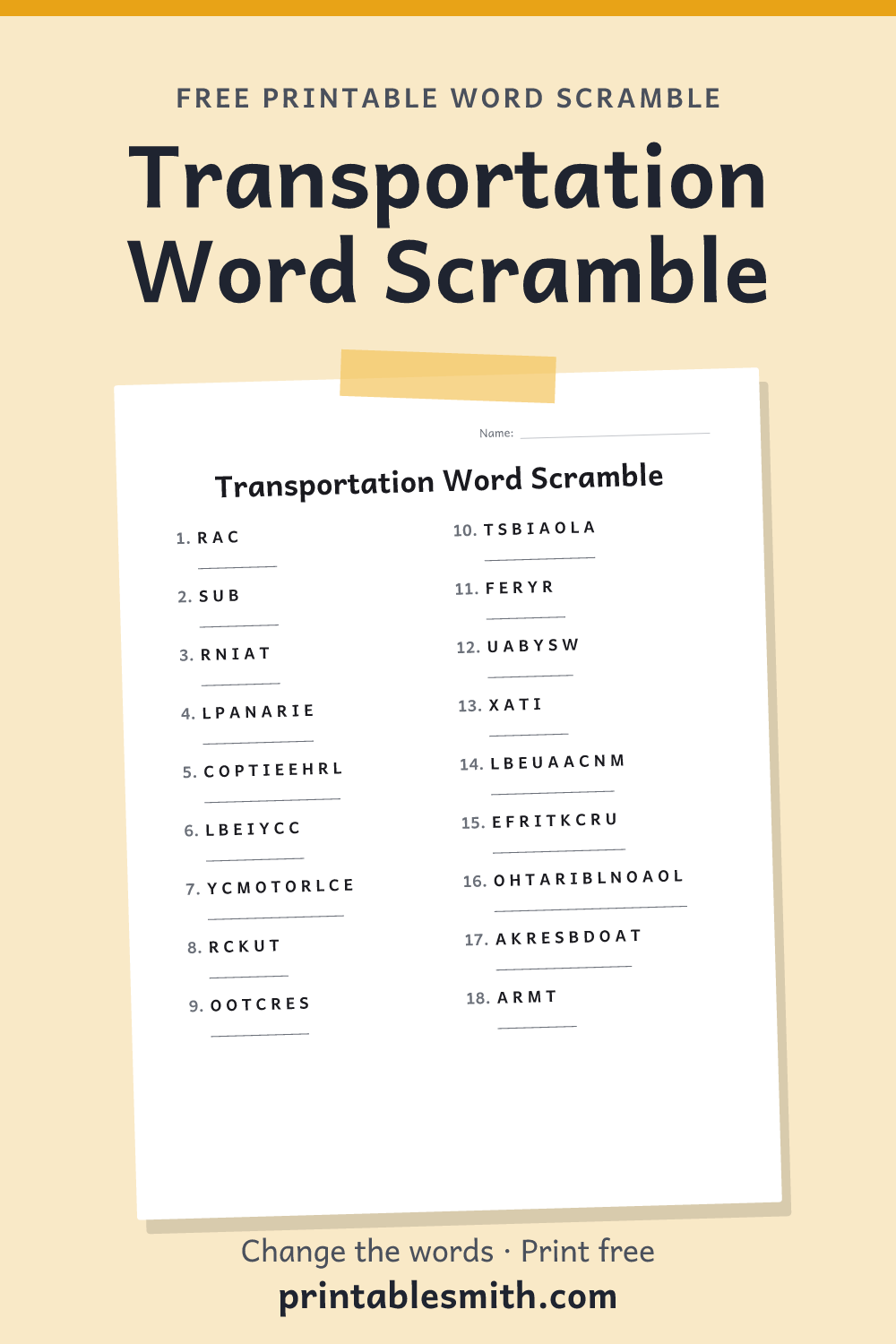 Transportation Word Scramble: printable worksheet with 18 scrambled words to solve, from a free word scramble maker