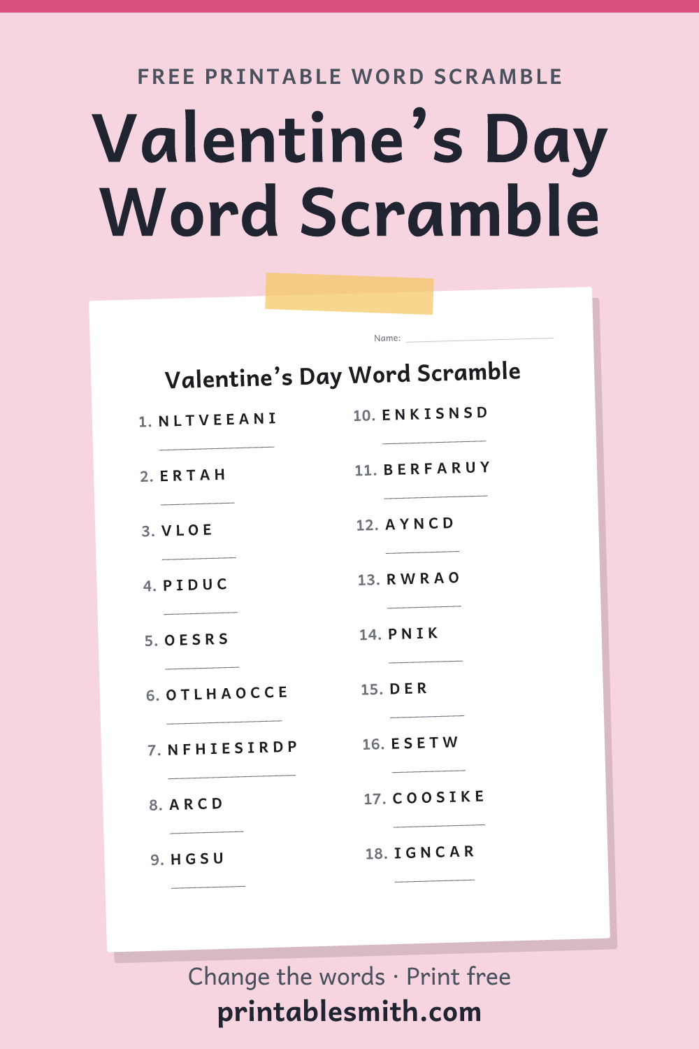 Valentine’s Day Word Scramble: printable worksheet with 18 scrambled words to solve, from a free word scramble maker