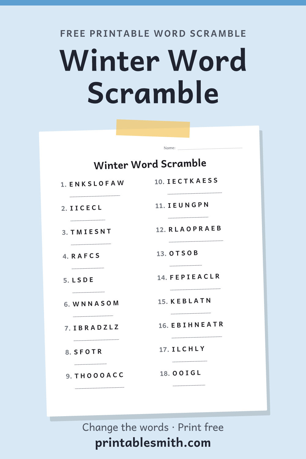 Winter Word Scramble: printable worksheet with 18 scrambled words to solve, from a free word scramble maker