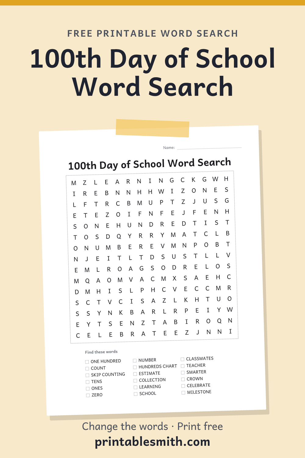 100th Day of School Word Search: printable puzzle with 18 words to find, from a free word search maker
