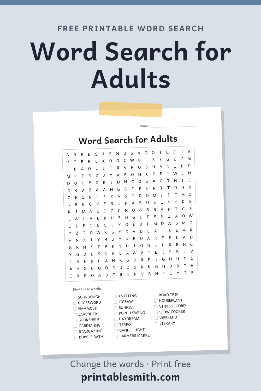 Word Search for Adults: printable puzzle with 22 words to find, from a free word search maker