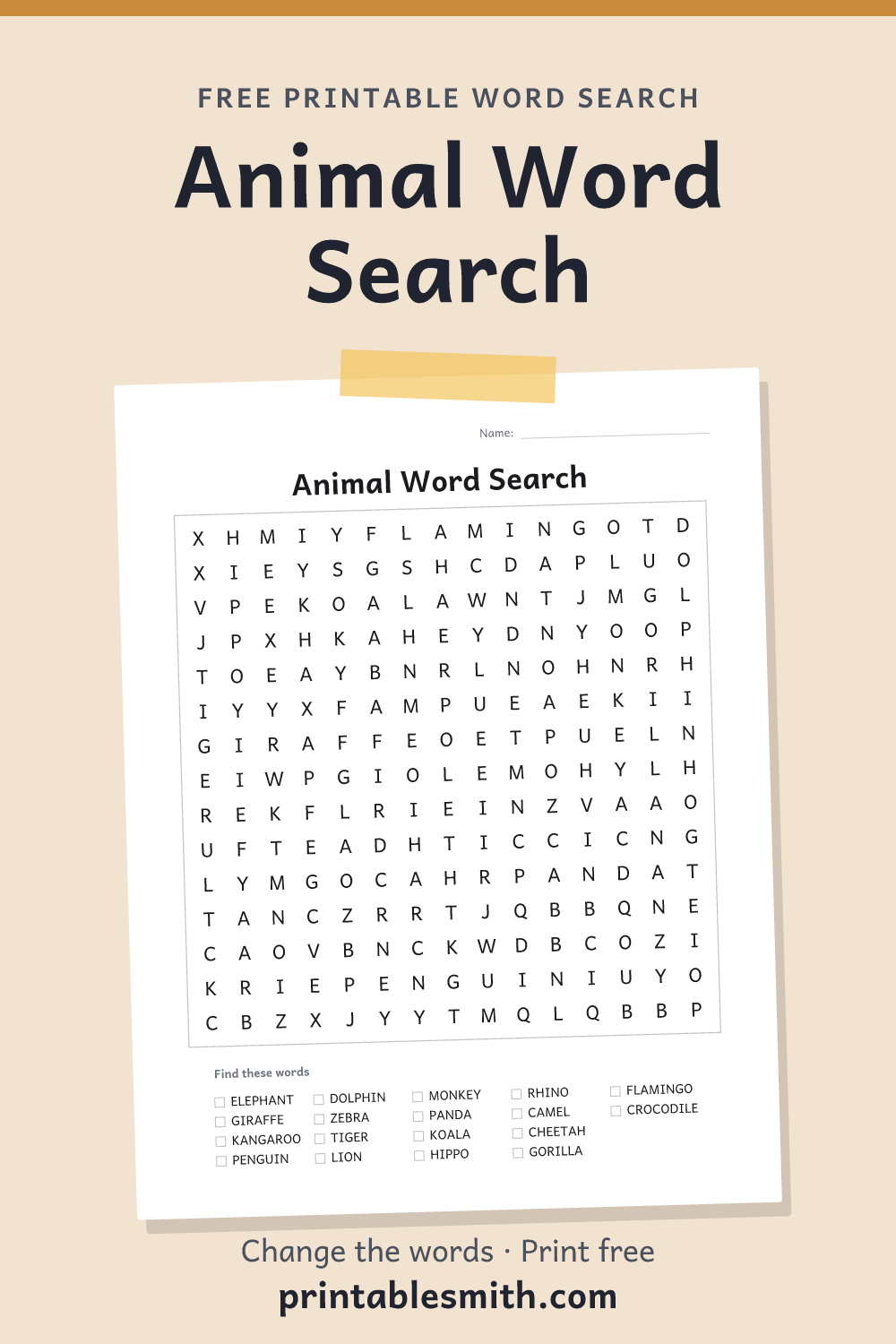 Animal Word Search: printable puzzle with 18 words to find, from a free word search maker