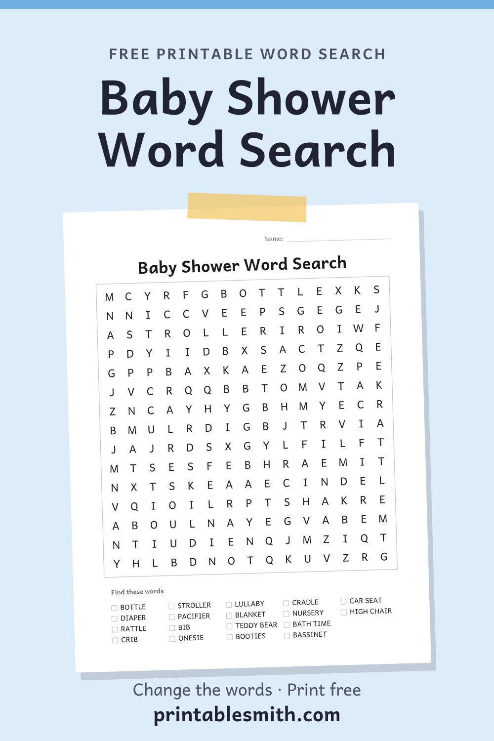 Baby Shower Word Search: printable puzzle with 18 words to find, from a free word search maker