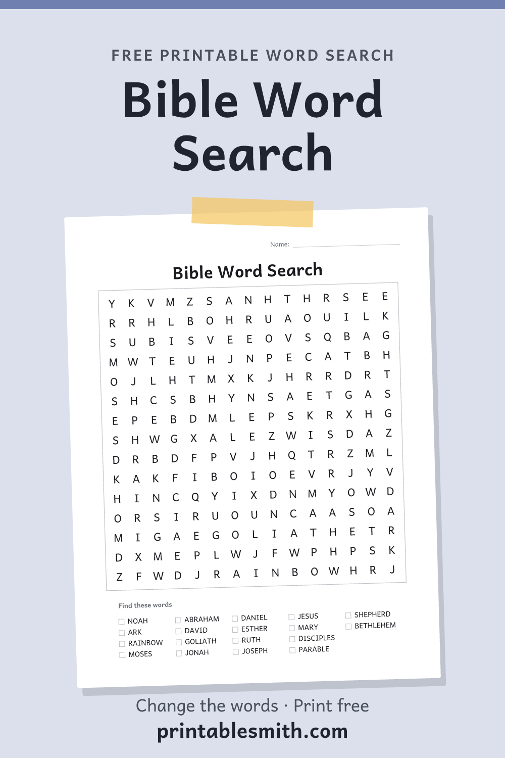 Bible Word Search: printable puzzle with 18 words to find, from a free word search maker