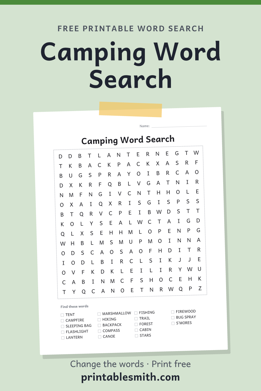 Camping Word Search: printable puzzle with 18 words to find, from a free word search maker