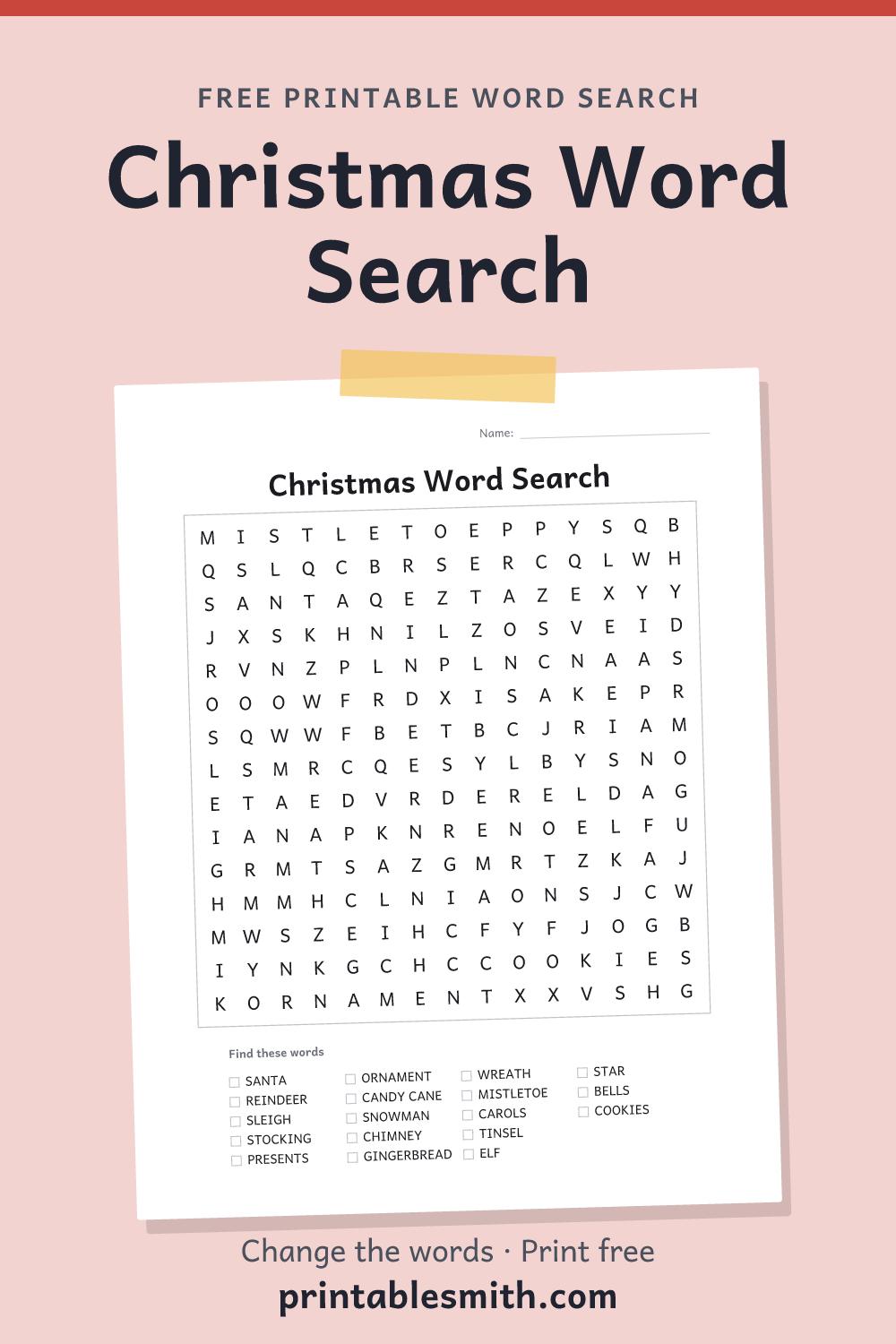 Christmas Word Search: printable puzzle with 18 words to find, from a free word search maker