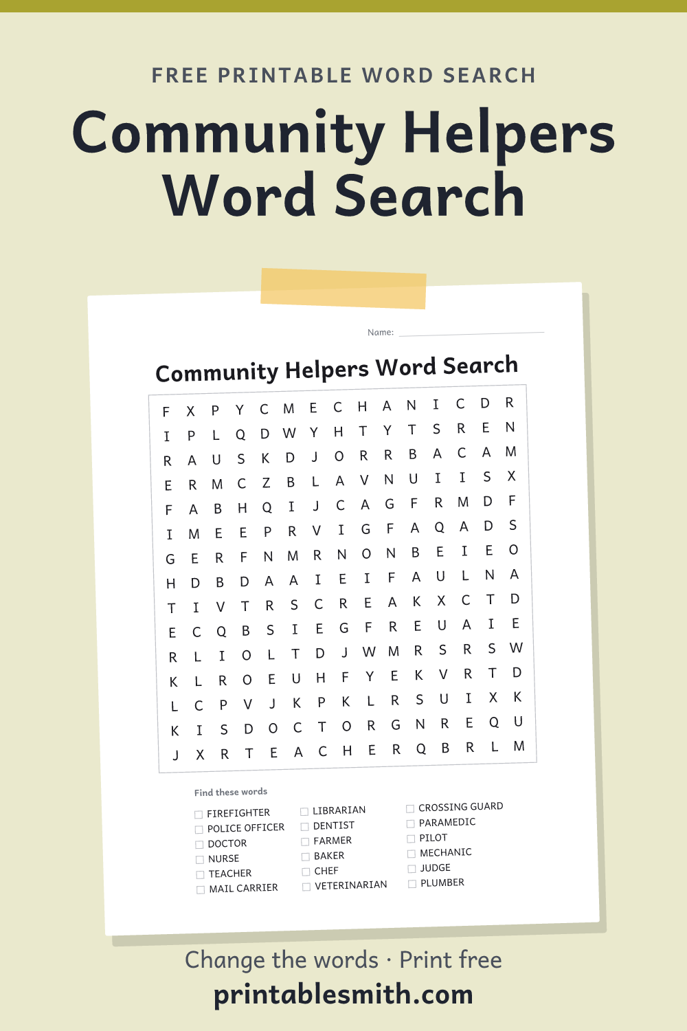 Community Helpers Word Search: printable puzzle with 18 words to find, from a free word search maker