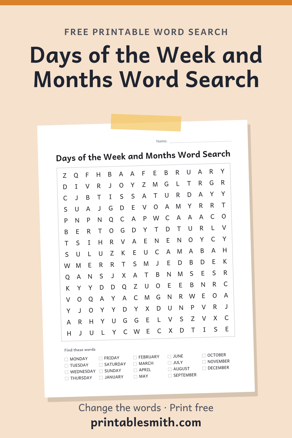 Days of the Week and Months Word Search: printable puzzle with 19 words to find, from a free word search maker
