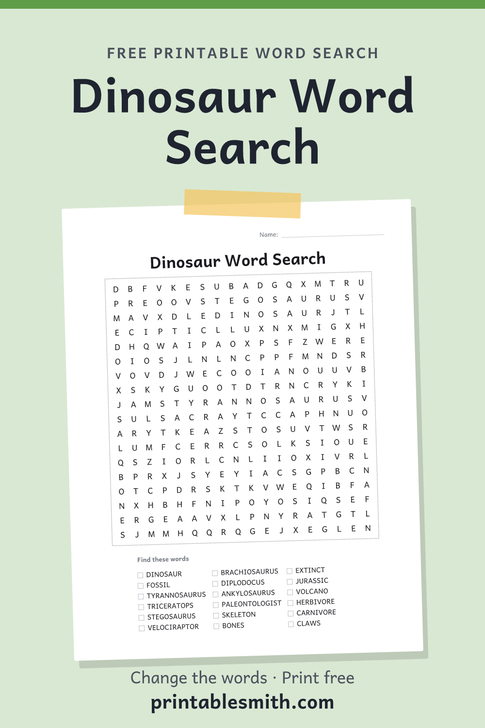 Dinosaur Word Search: printable puzzle with 18 words to find, from a free word search maker