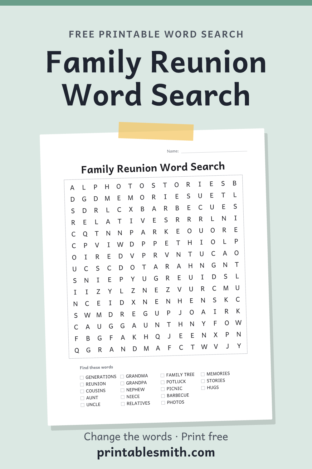 Family Reunion Word Search: printable puzzle with 18 words to find, from a free word search maker