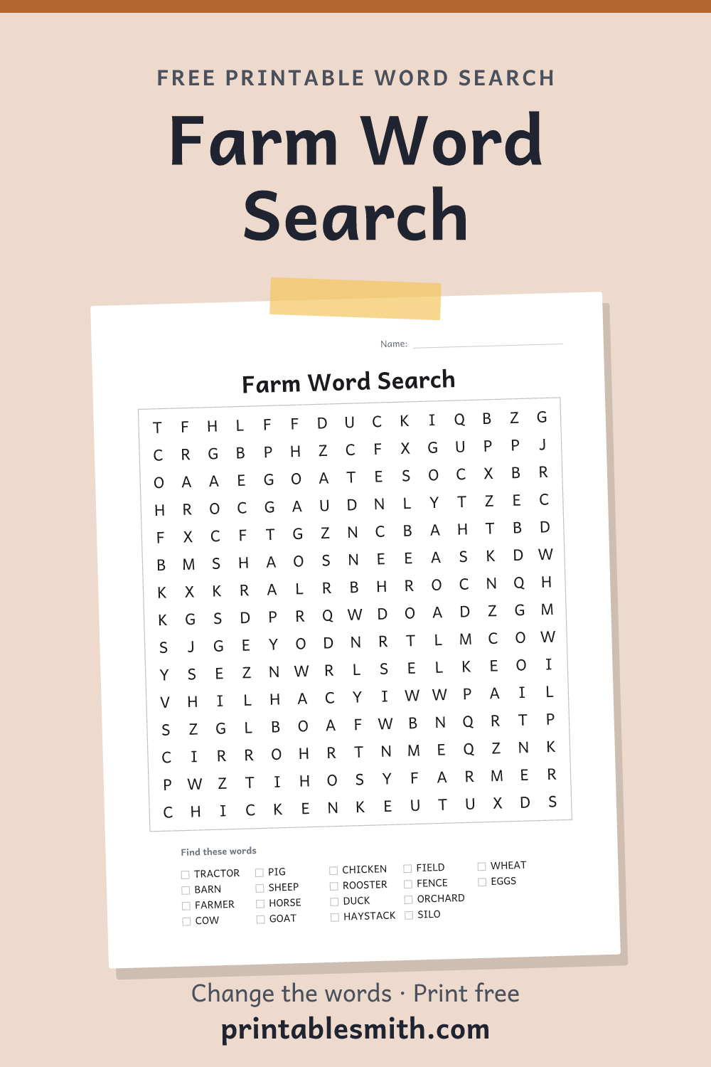 Farm Word Search: printable puzzle with 18 words to find, from a free word search maker