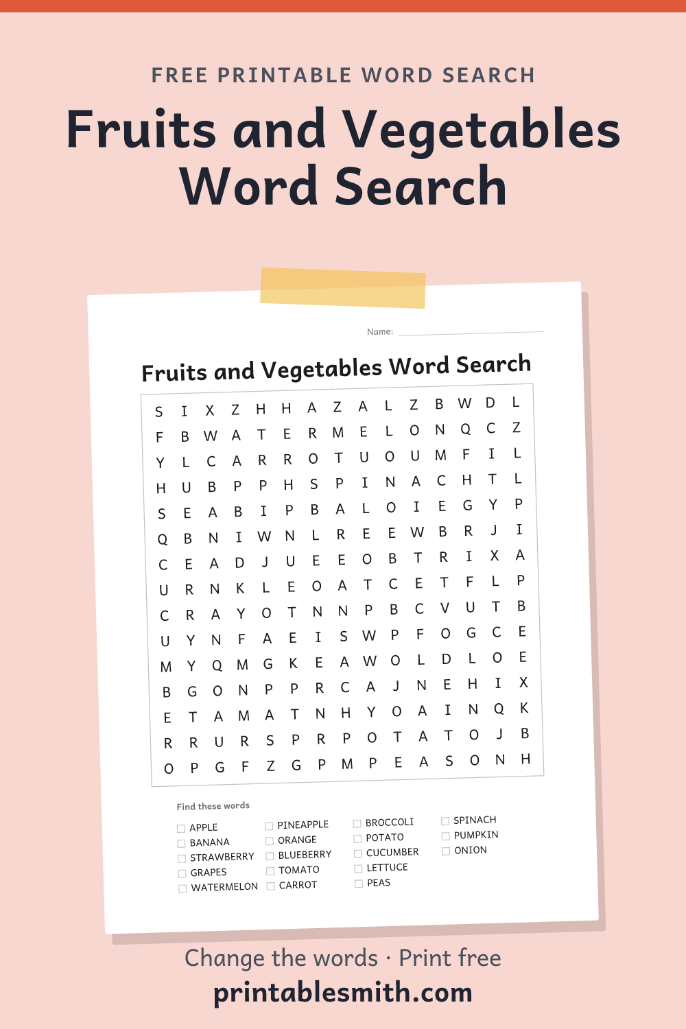 Fruits and Vegetables Word Search: printable puzzle with 18 words to find, from a free word search maker