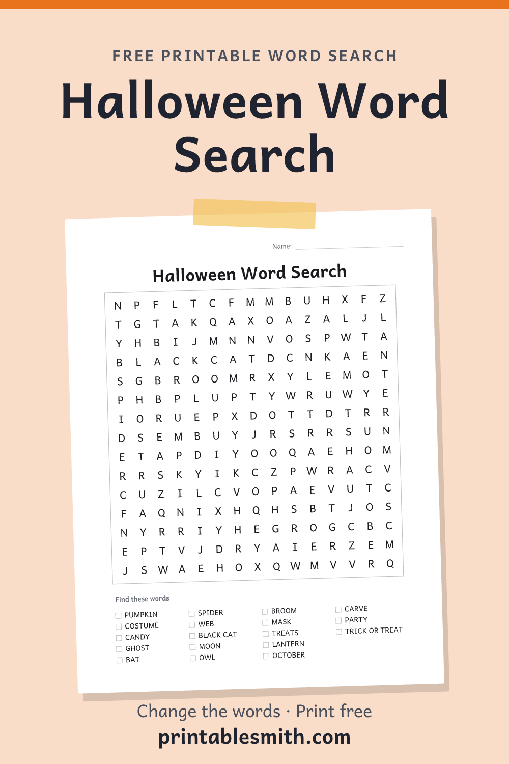 Halloween Word Search: printable puzzle with 18 words to find, from a free word search maker