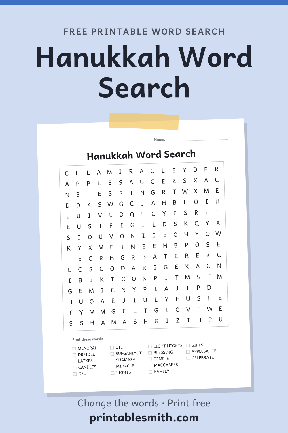 Hanukkah Word Search: printable puzzle with 18 words to find, from a free word search maker