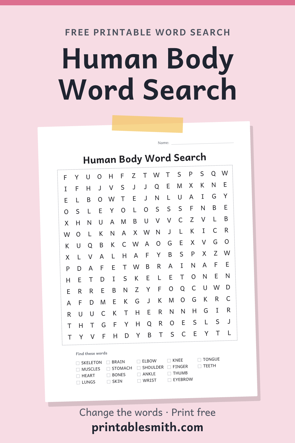Human Body Word Search: printable puzzle with 18 words to find, from a free word search maker