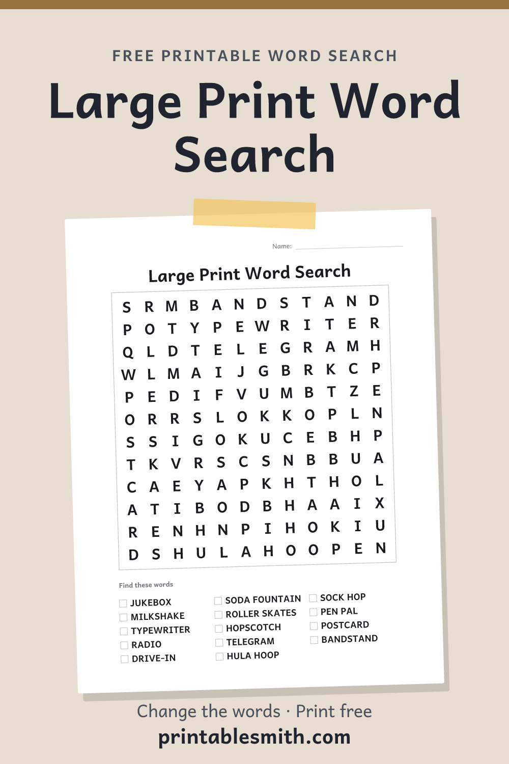 Large Print Word Search: printable puzzle with 14 words to find, from a free word search maker