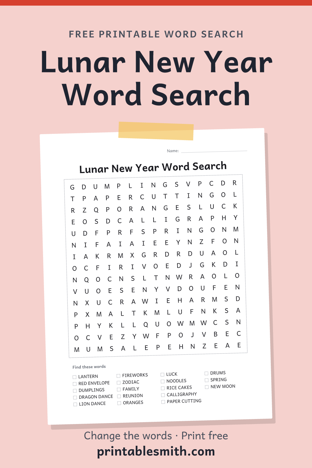 Lunar New Year Word Search: printable puzzle with 18 words to find, from a free word search maker