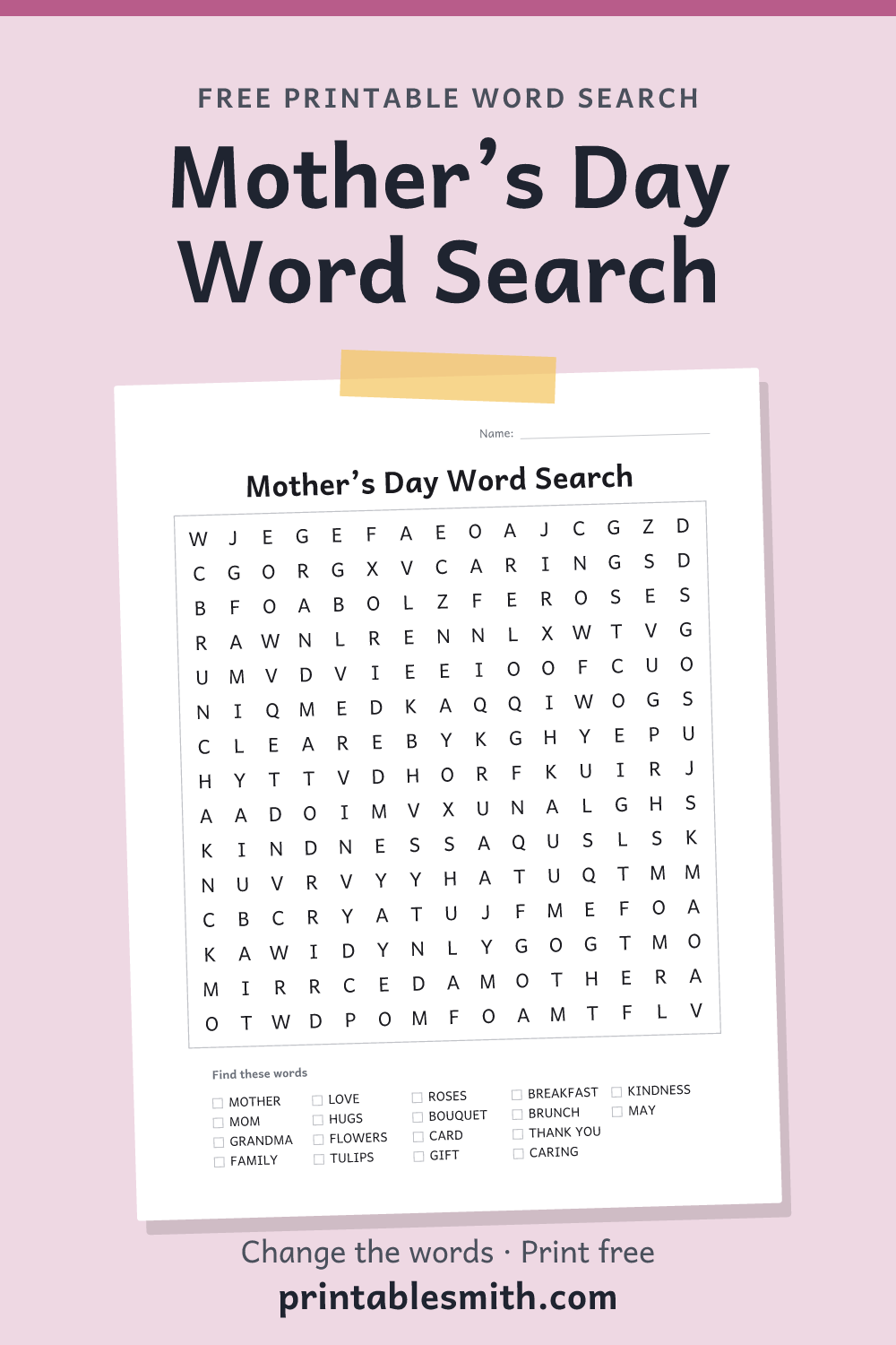 Mother’s Day Word Search: printable puzzle with 18 words to find, from a free word search maker