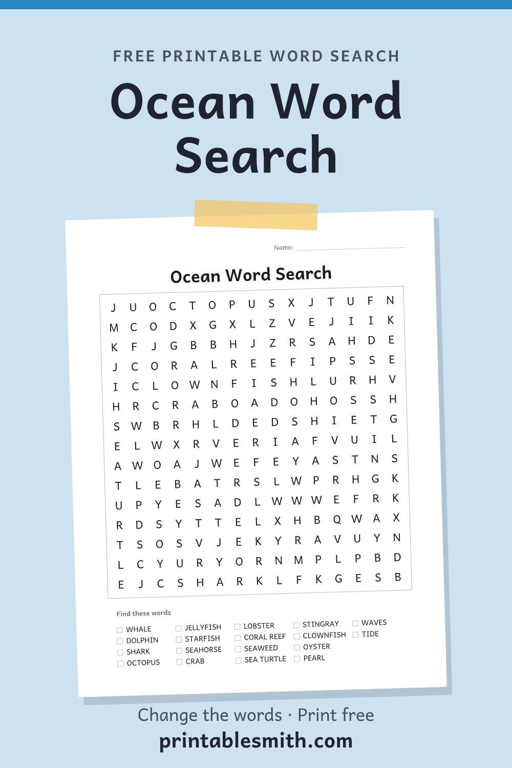 Ocean Word Search: printable puzzle with 18 words to find, from a free word search maker