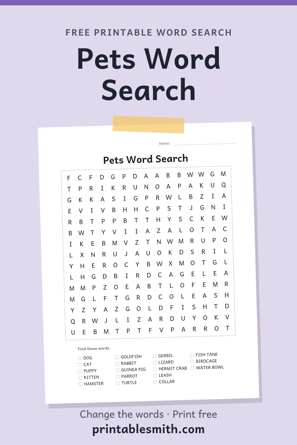 Pets Word Search: printable puzzle with 18 words to find, from a free word search maker