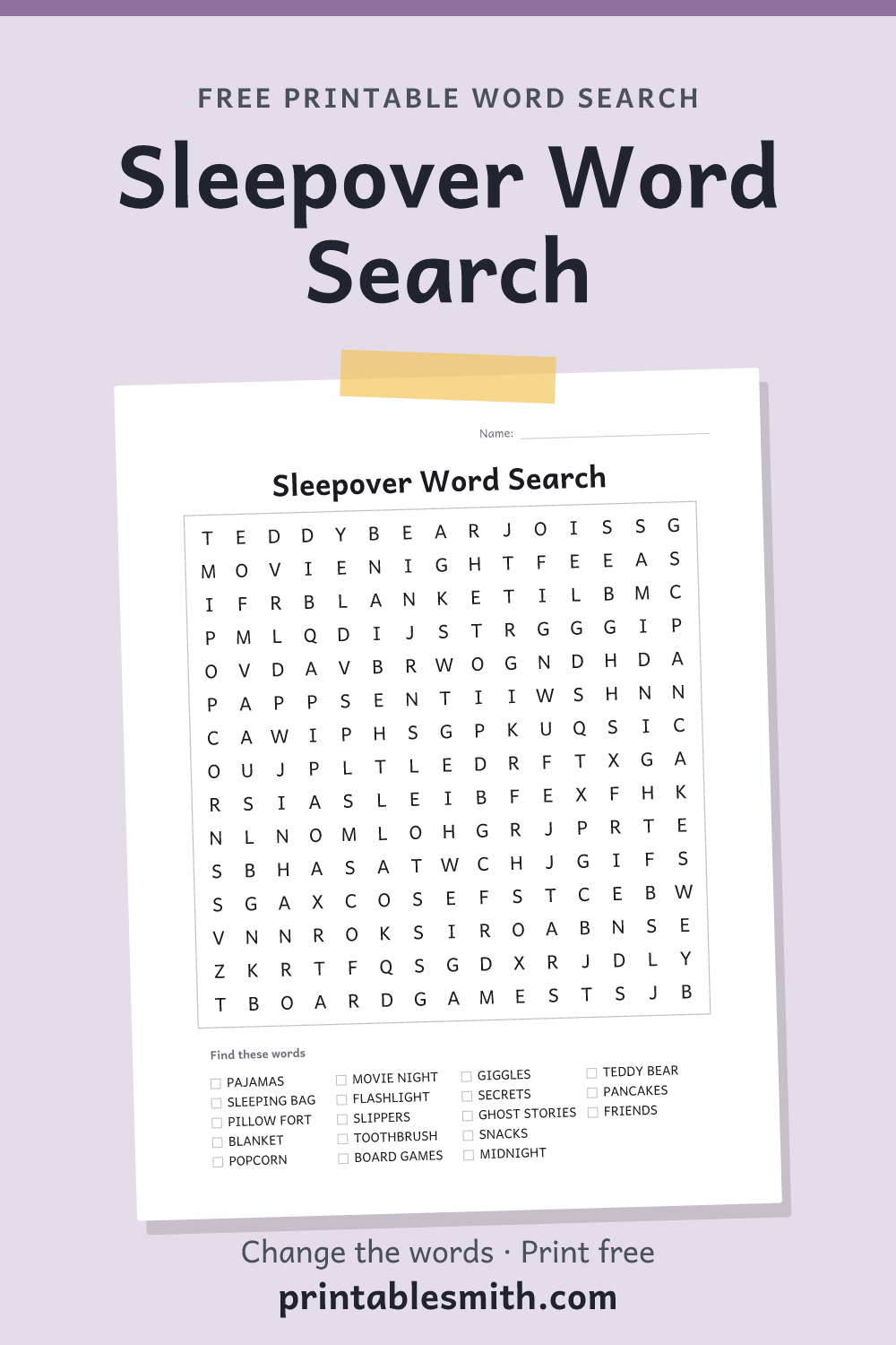 Sleepover Word Search: printable puzzle with 18 words to find, from a free word search maker