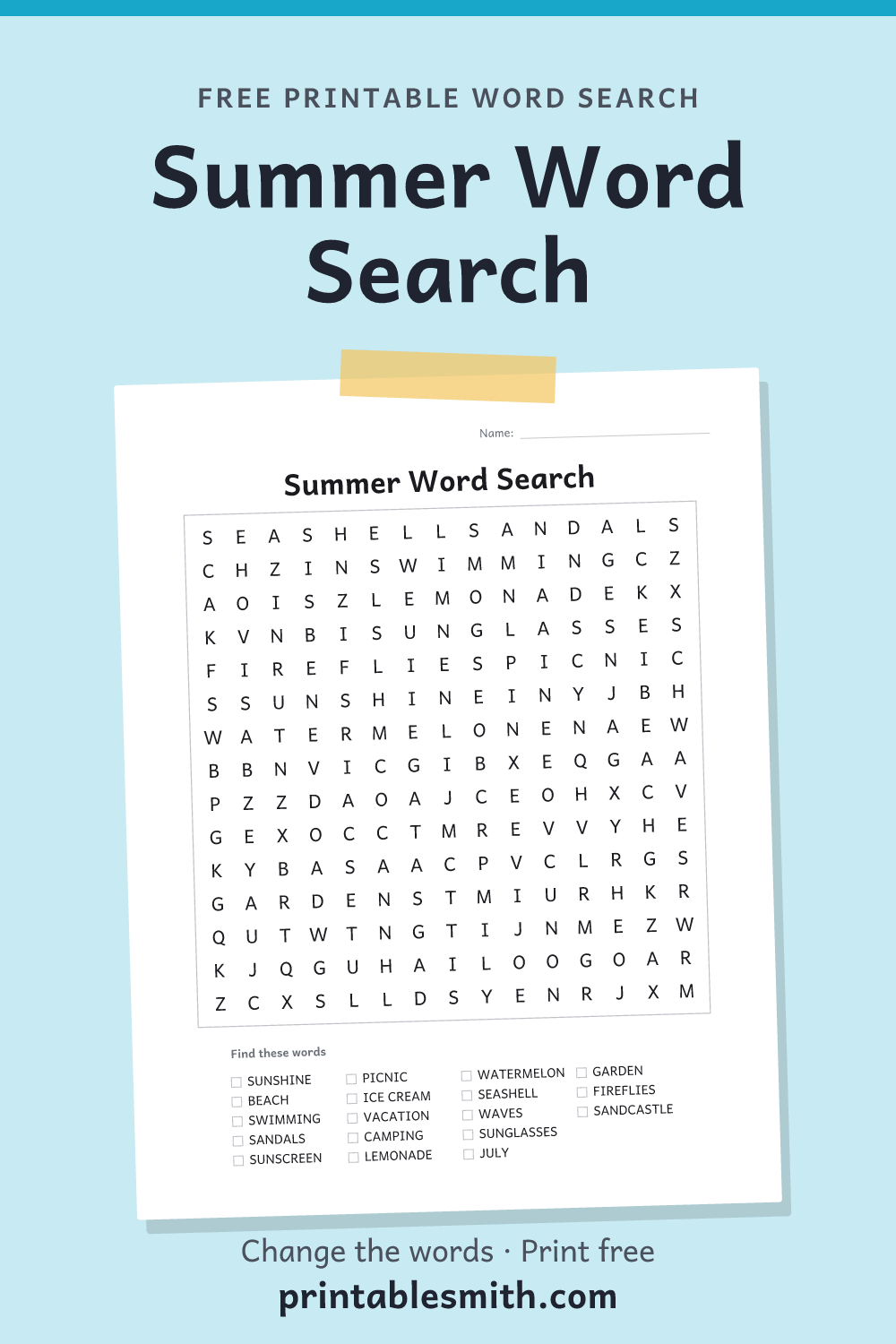 Summer Word Search: printable puzzle with 18 words to find, from a free word search maker