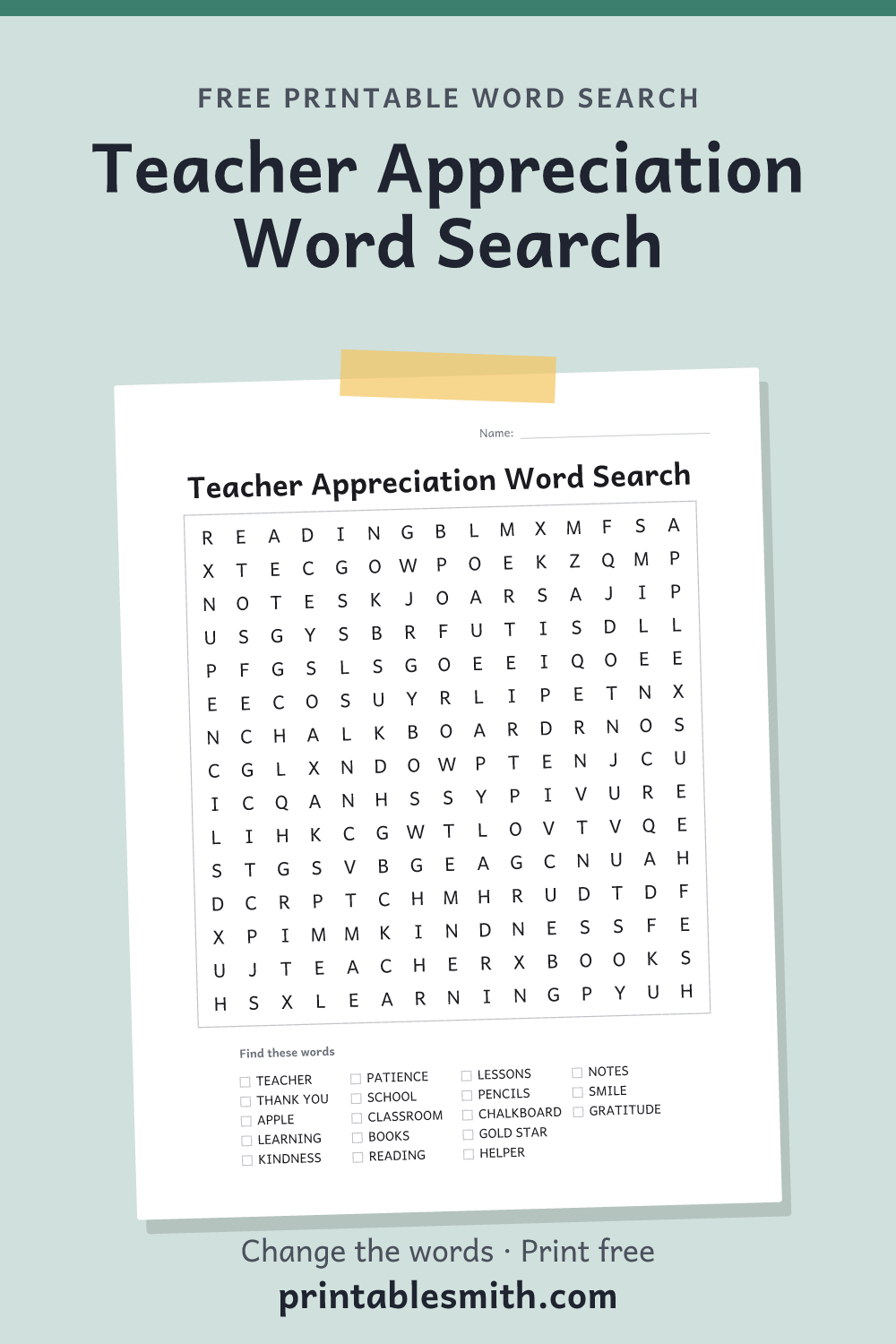 Teacher Appreciation Word Search: printable puzzle with 18 words to find, from a free word search maker