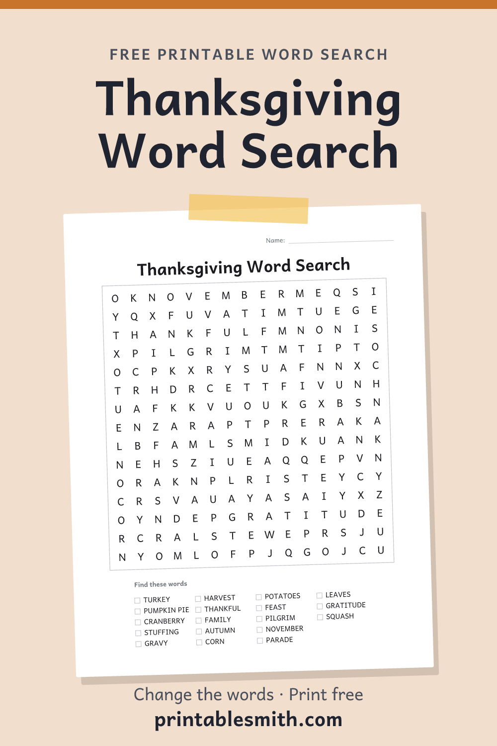 Thanksgiving Word Search: printable puzzle with 18 words to find, from a free word search maker