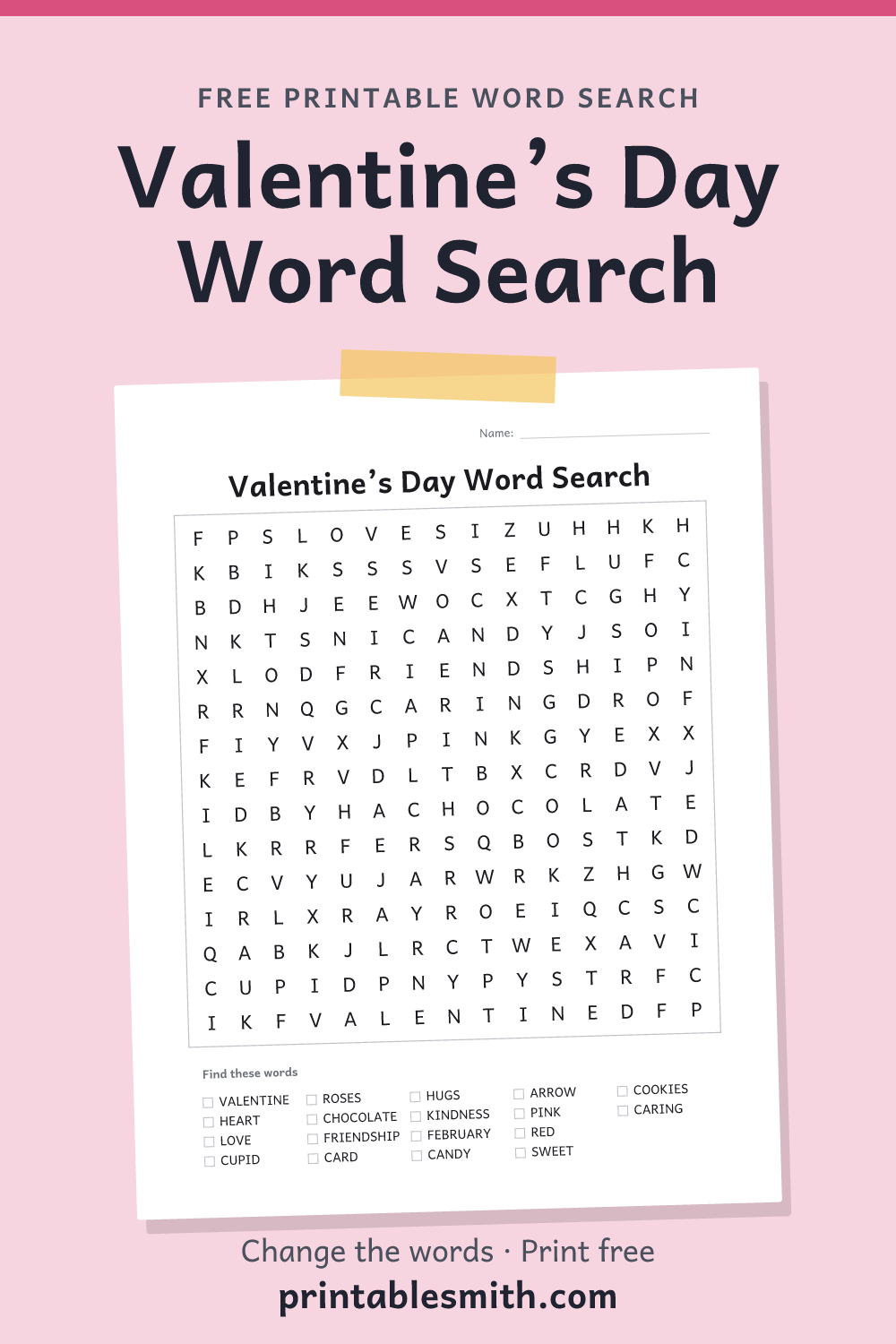 Valentine’s Day Word Search: printable puzzle with 18 words to find, from a free word search maker
