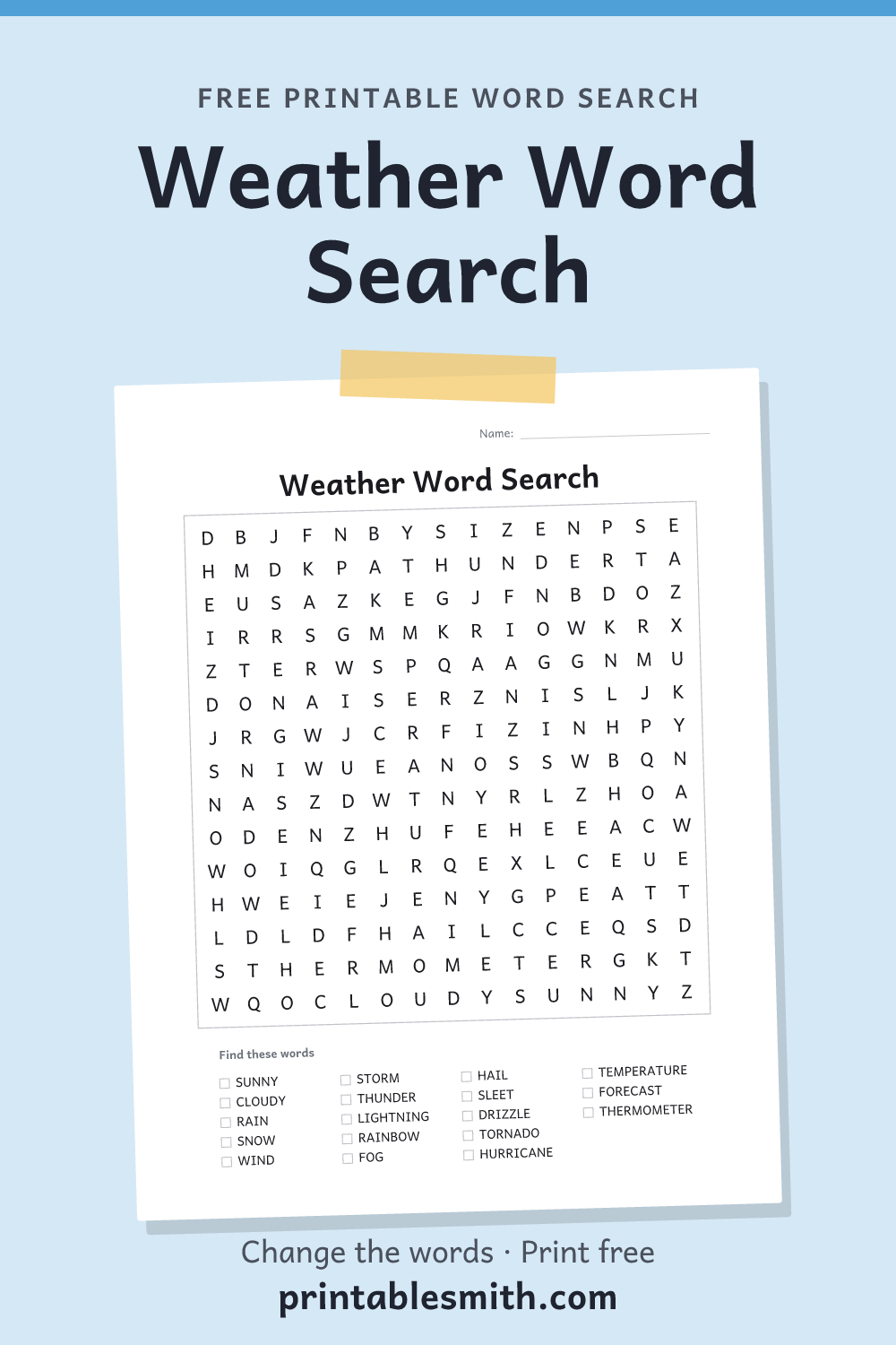 Weather Word Search: printable puzzle with 18 words to find, from a free word search maker